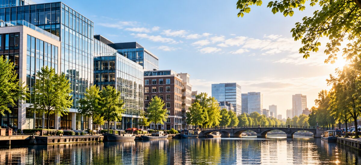Modern Canal Cityscape at Golden Hour