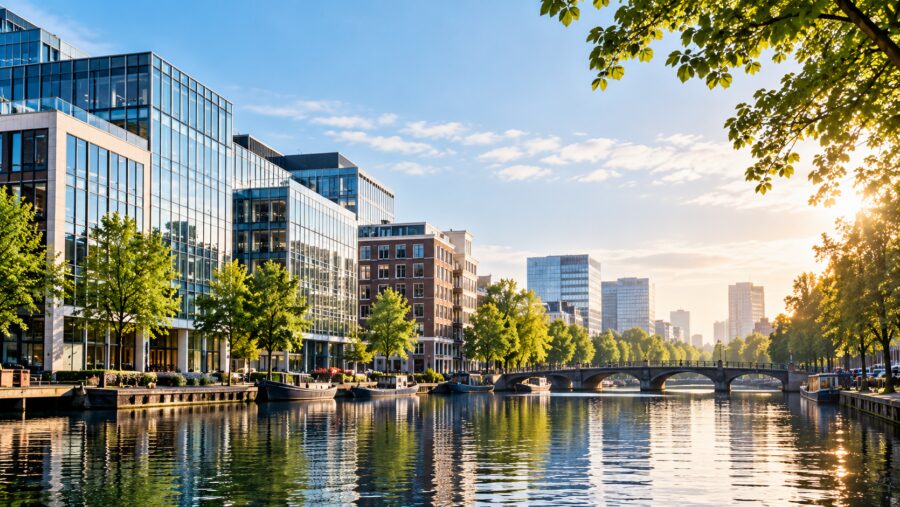 Modern Canal Cityscape at Golden Hour